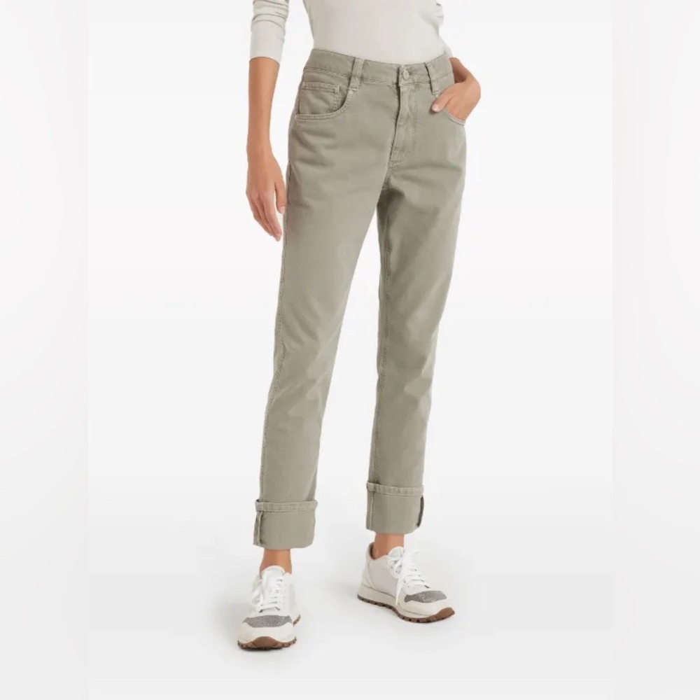 NEW Brunello Cucinelli Monili Chain Straight Leg Jeans Sage Green Sz 16 Selvedge